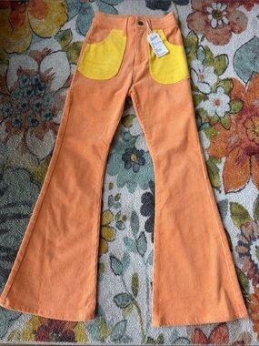 Women’s Orange Corduroy Flare Pants with Yellow Pockets
